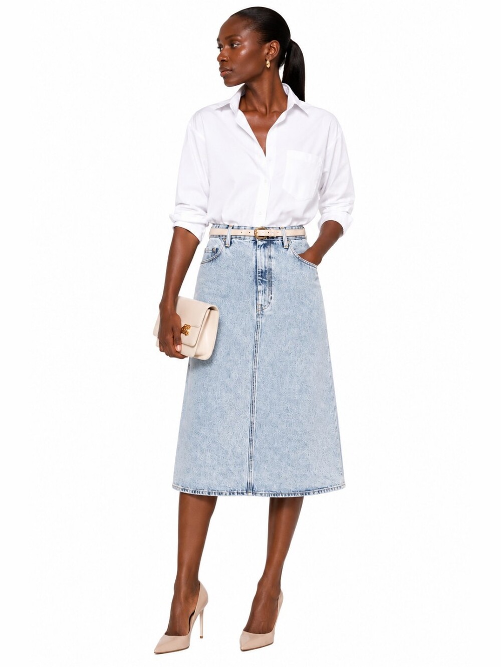 TOTEME Organic Cotton Denim Midi Skirt Light Wash Five Pocket EU 36 US 4